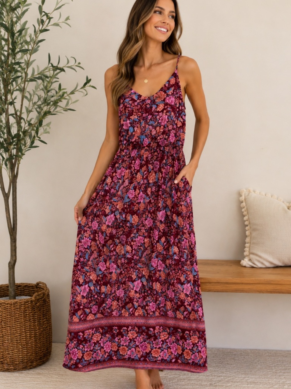 E Pretty maroon floral maxi dress, size XL